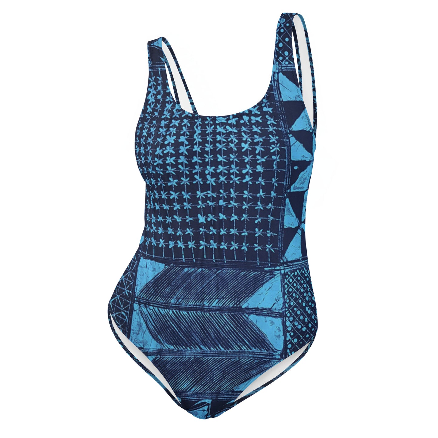 Black And Turquoise Shapes Adire One-Piece Swimsuit