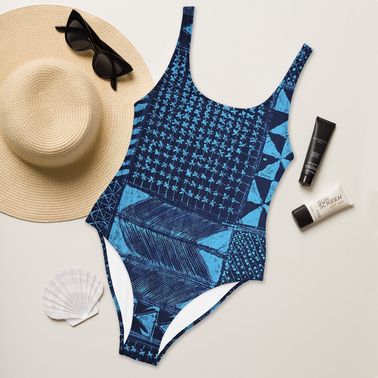 Black And Turquoise Shapes Adire One-Piece Swimsuit