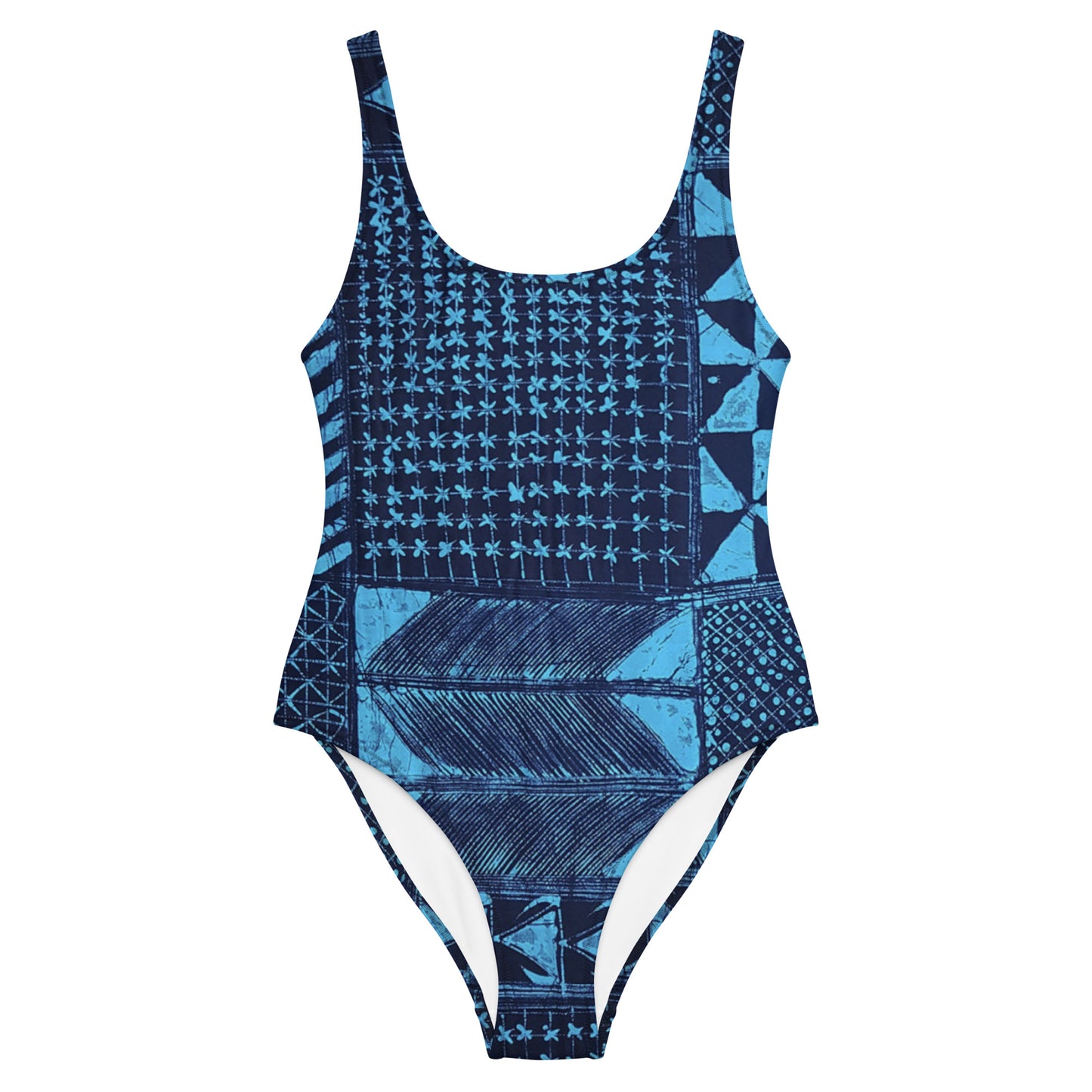 Black And Turquoise Shapes Adire One-Piece Swimsuit