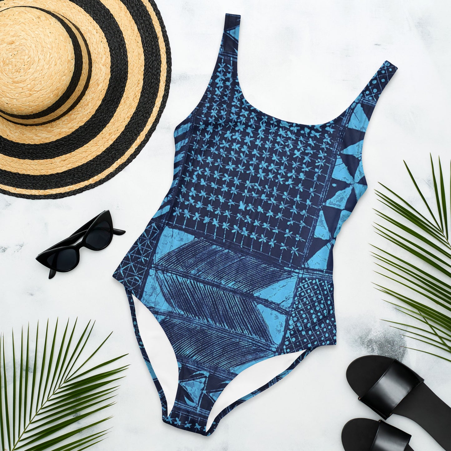 Black And Turquoise Shapes Adire One-Piece Swimsuit