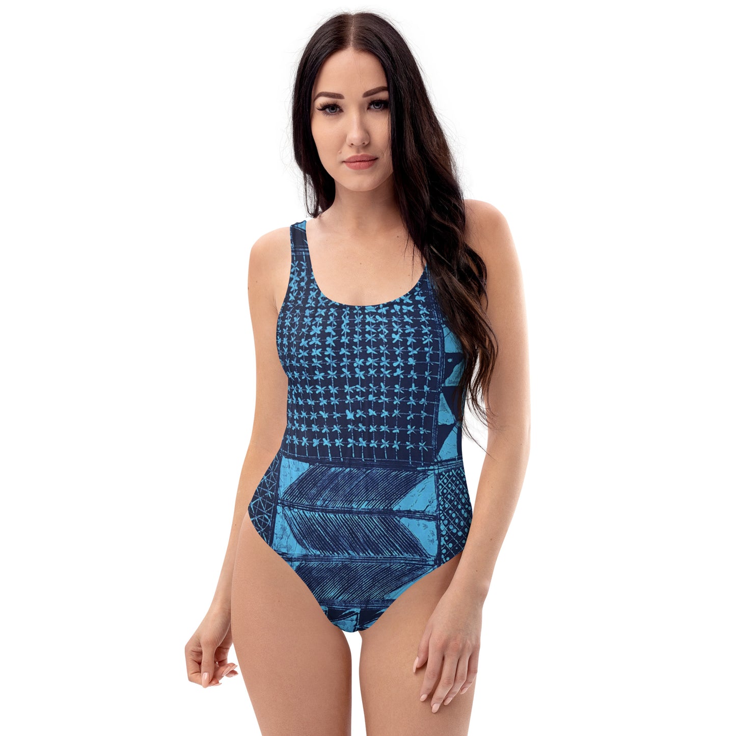 Black And Turquoise Shapes Adire One-Piece Swimsuit