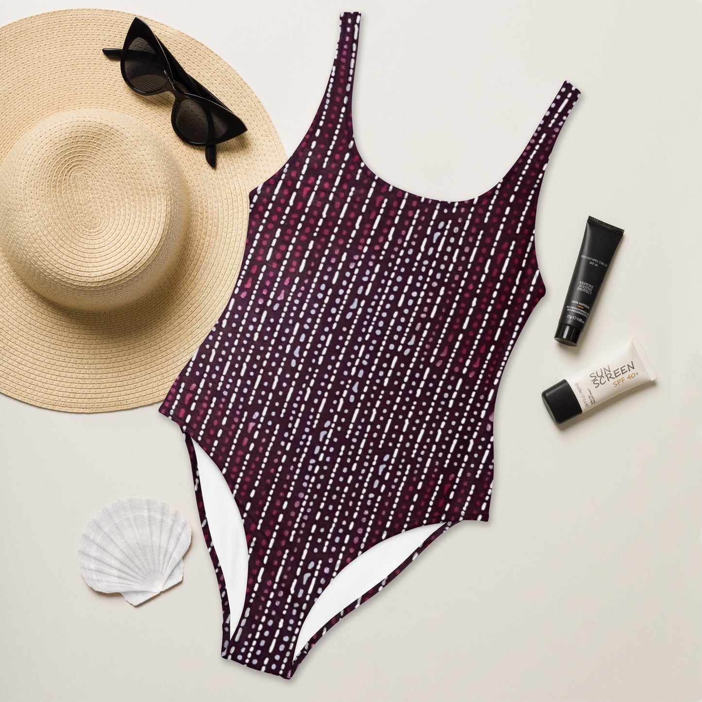 Burgundy Stripe Adire One-Piece Swimsuit