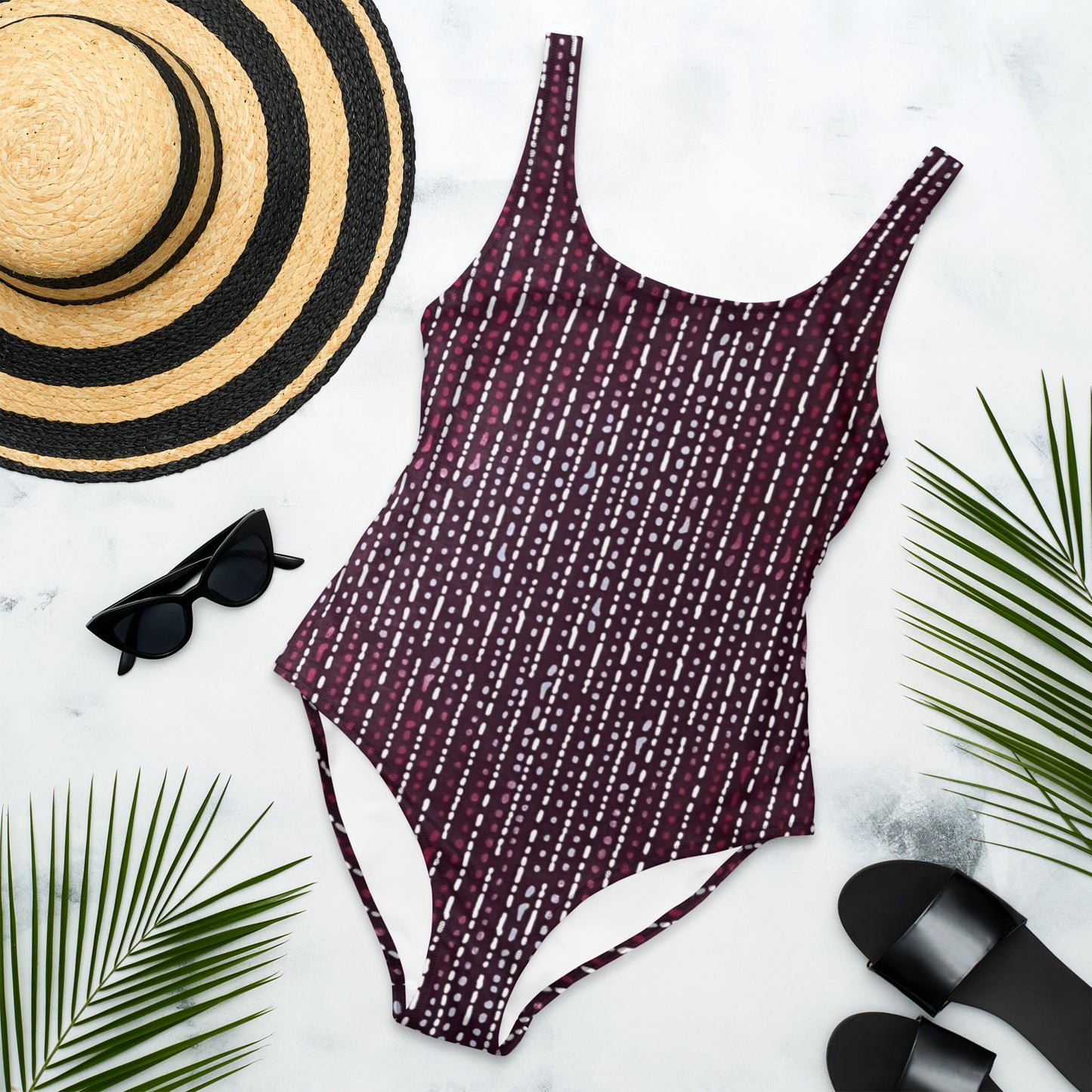 Burgundy Stripe Adire One-Piece Swimsuit