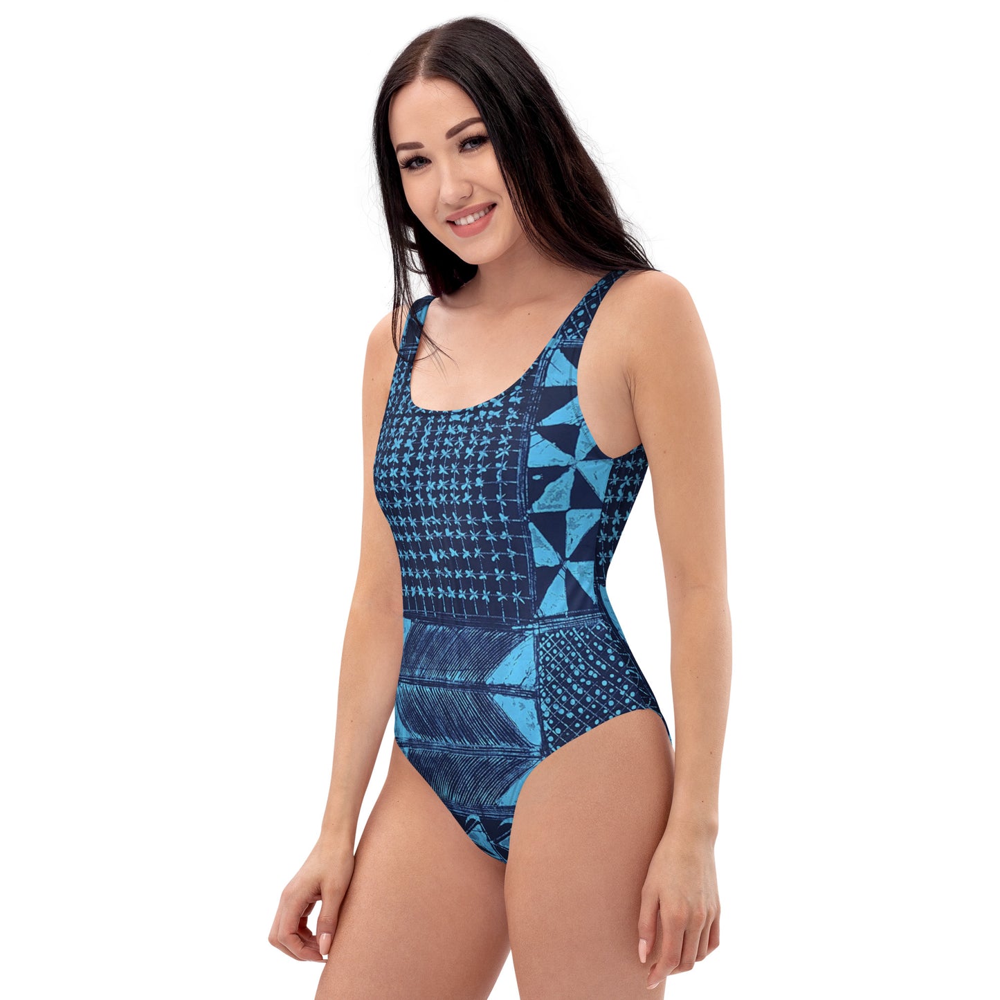 Black And Turquoise Shapes Adire One-Piece Swimsuit