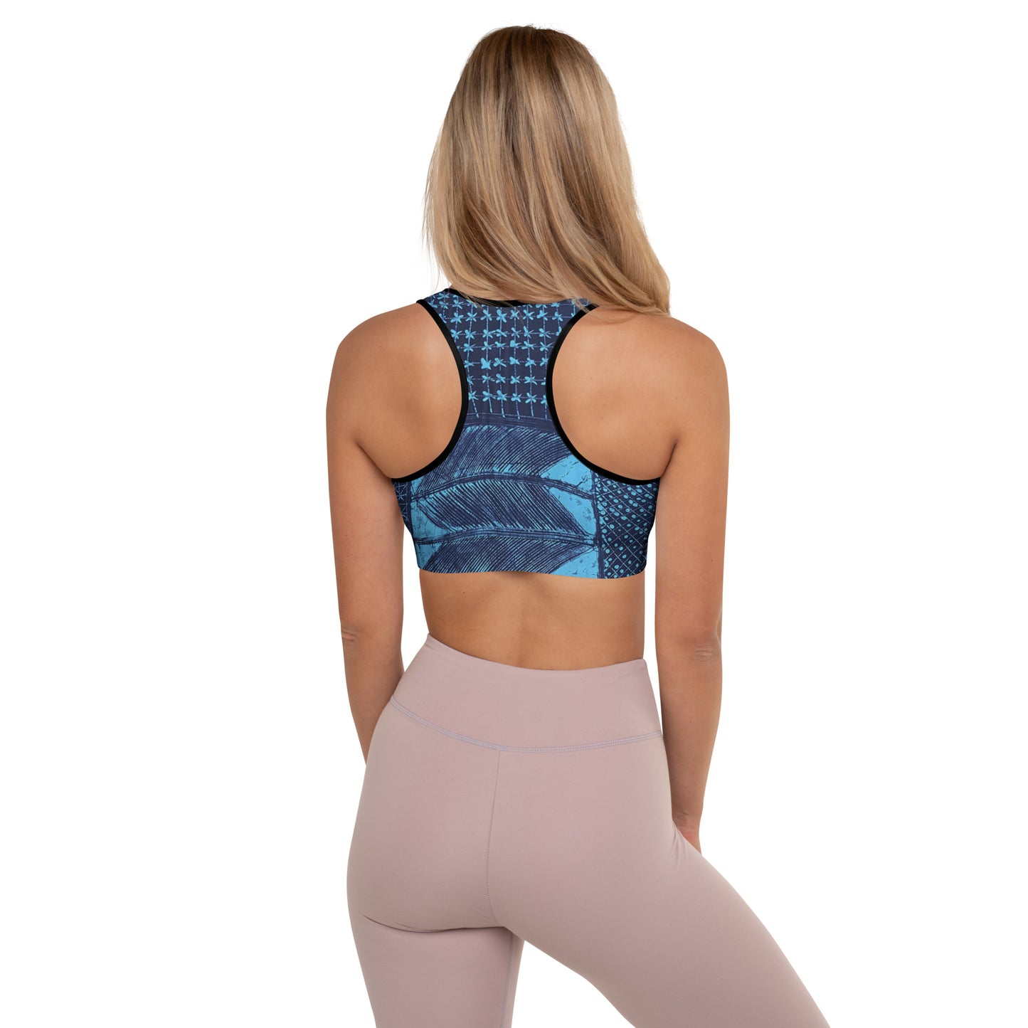 Black And Turquoise Shapes Adire Padded Sports Bra