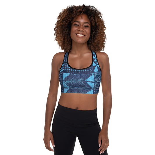 Black And Turquoise Shapes Adire Padded Sports Bra