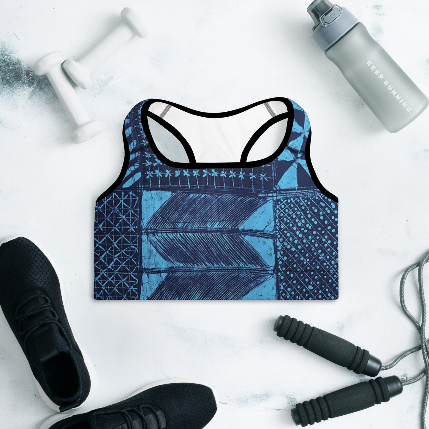 Black And Turquoise Shapes Adire Padded Sports Bra