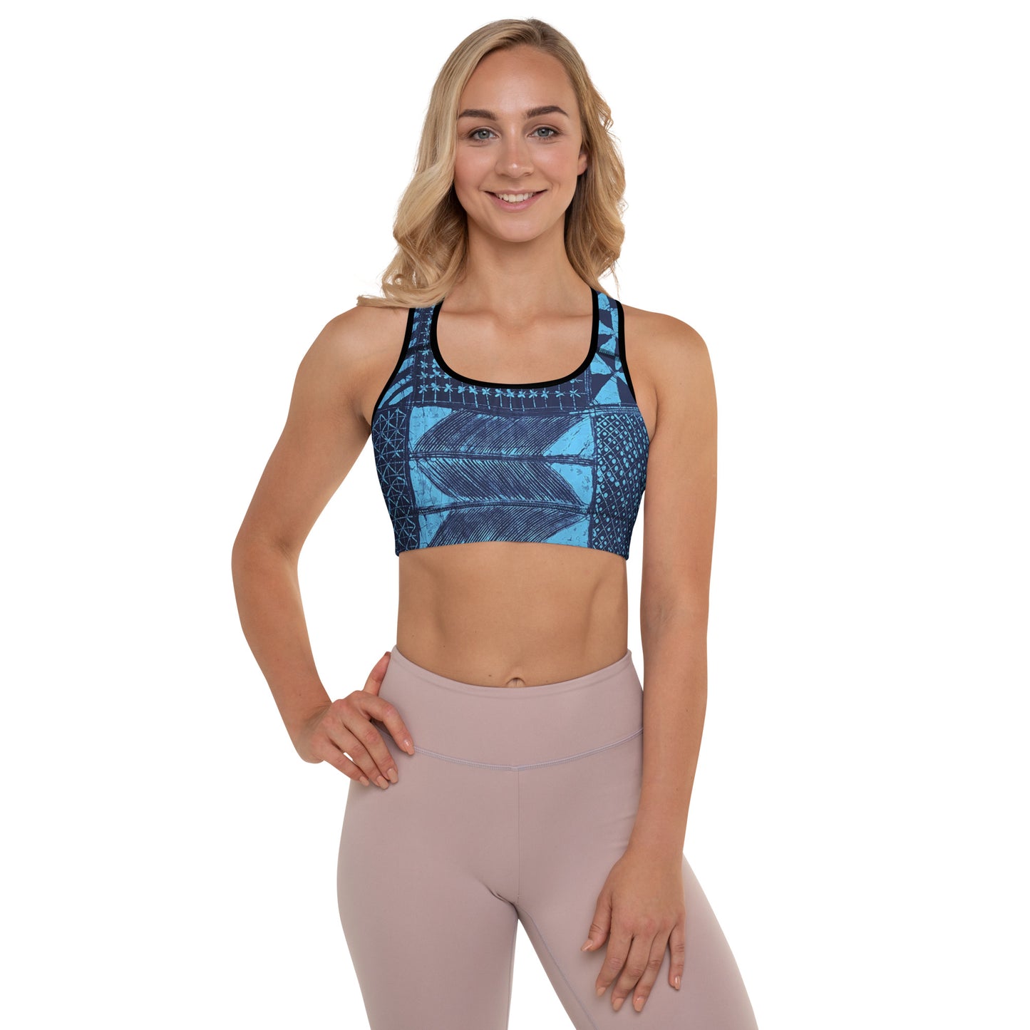 Black And Turquoise Shapes Adire Padded Sports Bra