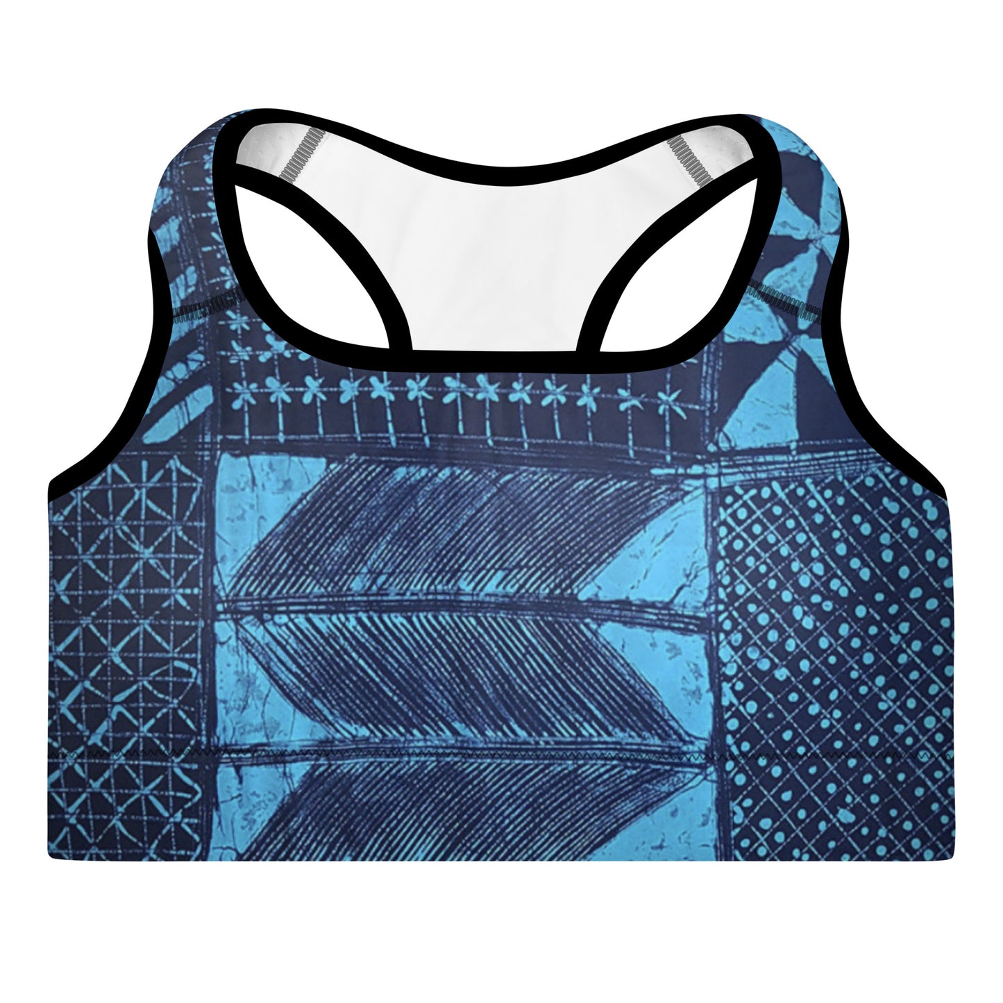 Black And Turquoise Shapes Adire Padded Sports Bra