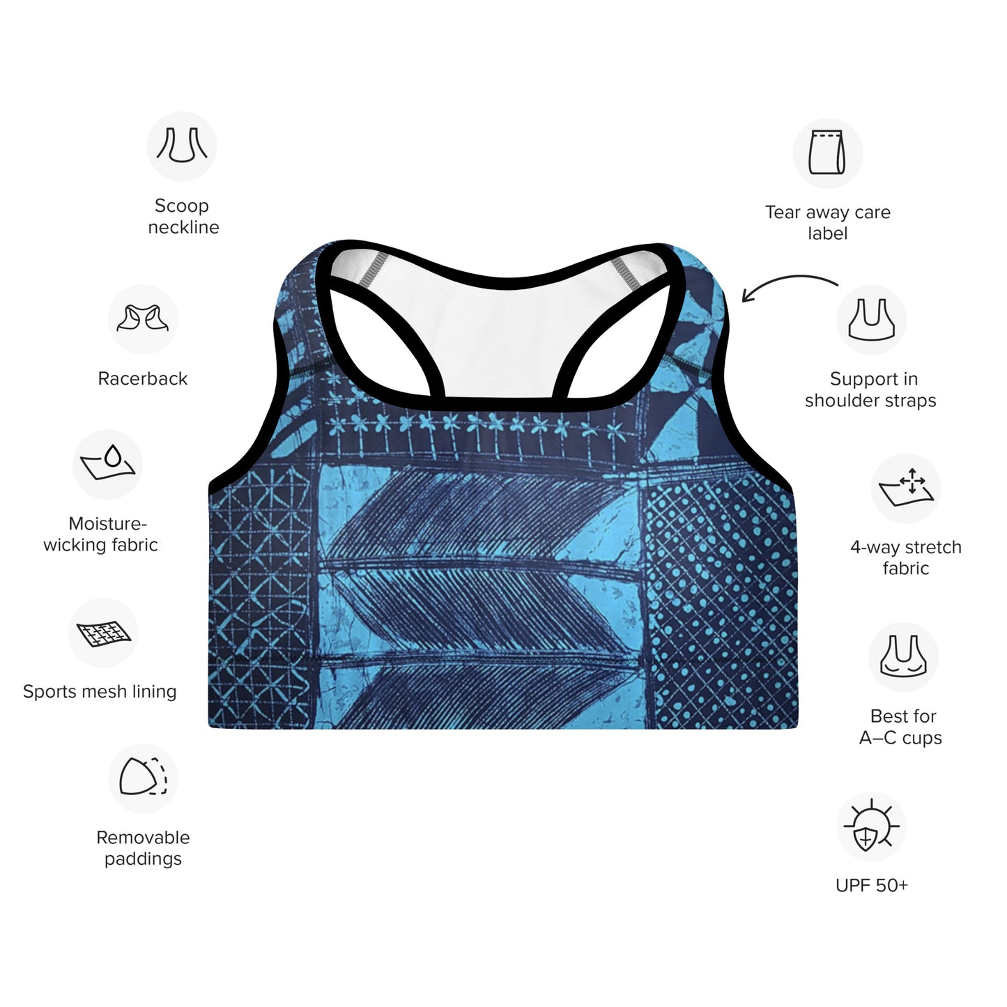 Black And Turquoise Shapes Adire Padded Sports Bra