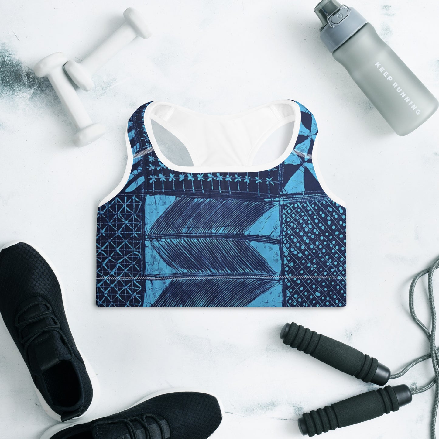 Black And Turquoise Shapes Adire Padded Sports Bra