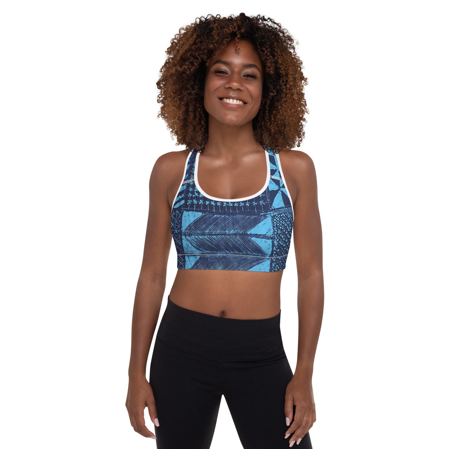 Black And Turquoise Shapes Adire Padded Sports Bra