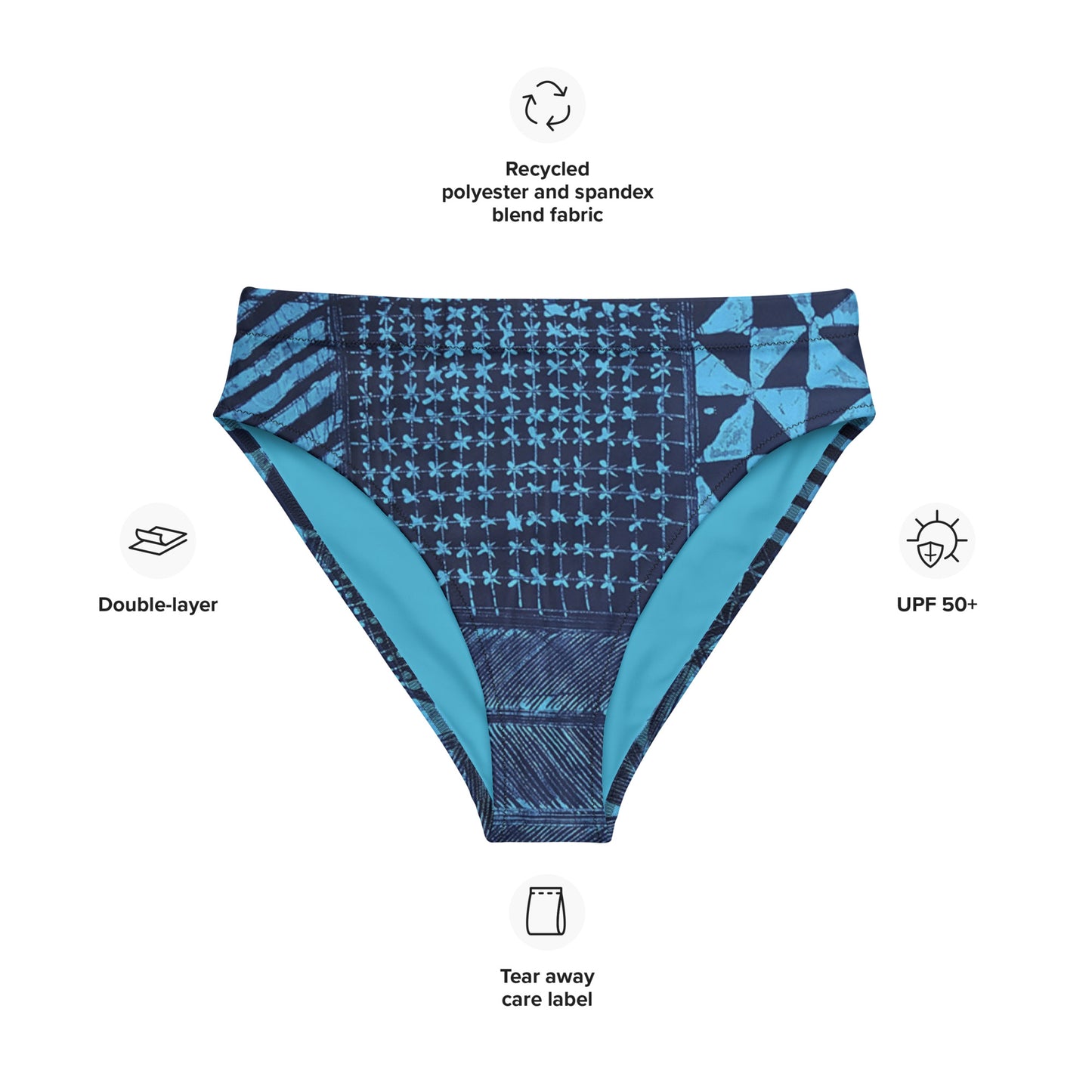 Black And Turquoise Shapes Adire High-Waisted Bikini Bottom