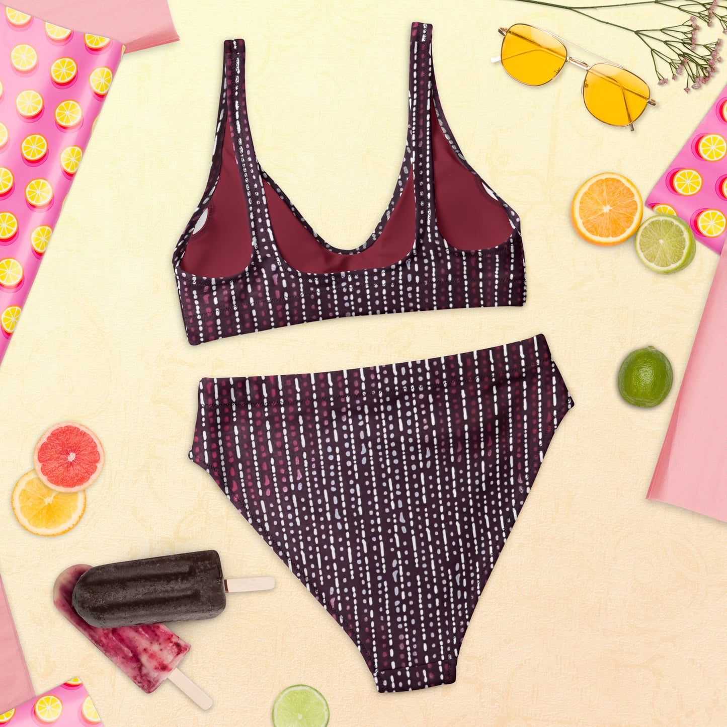 Burgundy Stripe High-Waisted Bikini