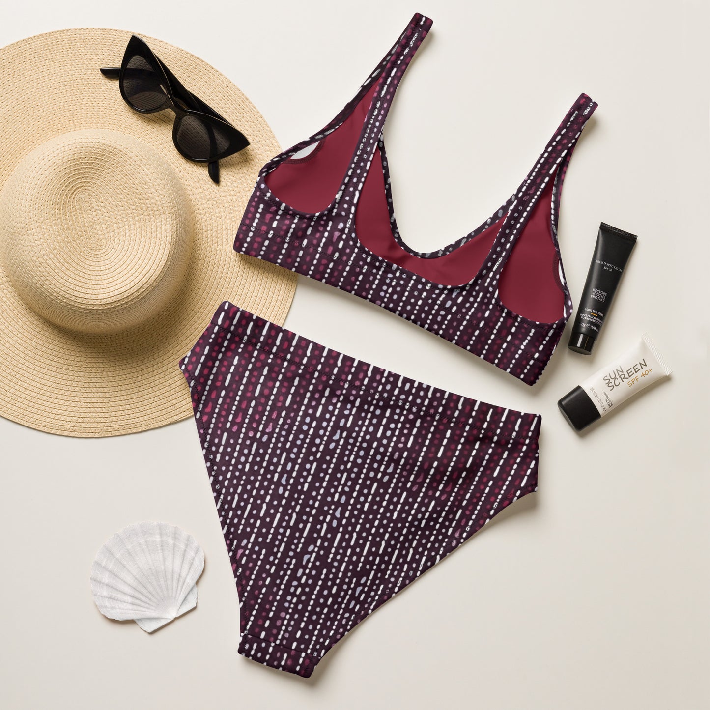 Burgundy Stripe High-Waisted Bikini