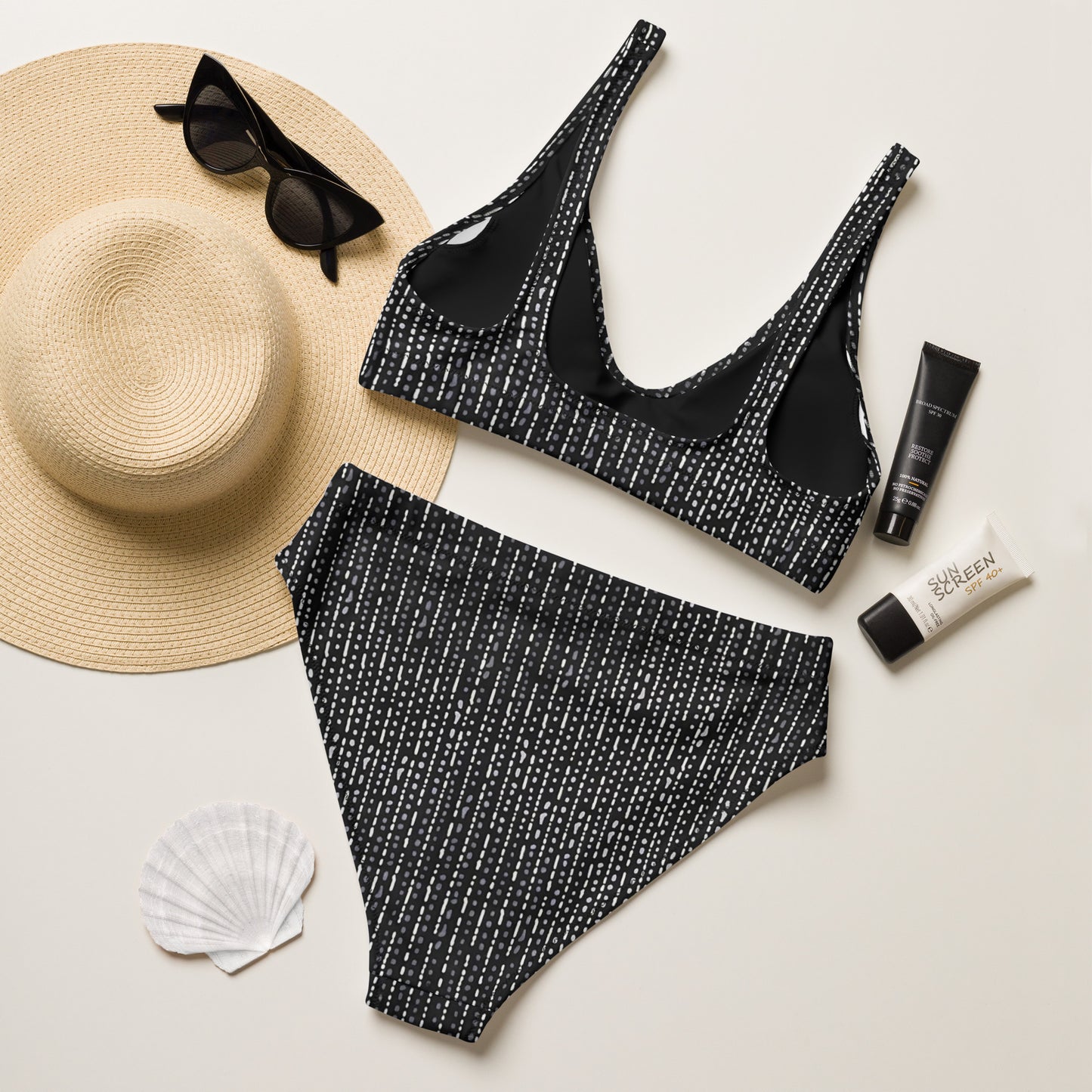 Grey Stripe High-Waisted Bikini