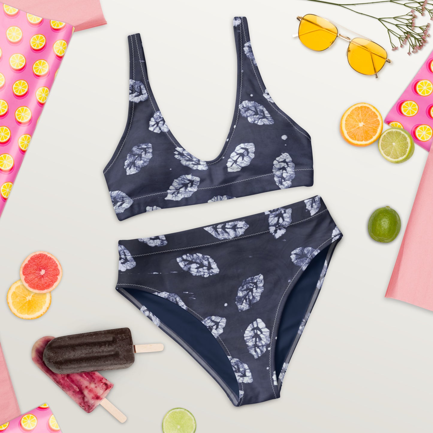 Indigo Leaf High-Waisted Bikini