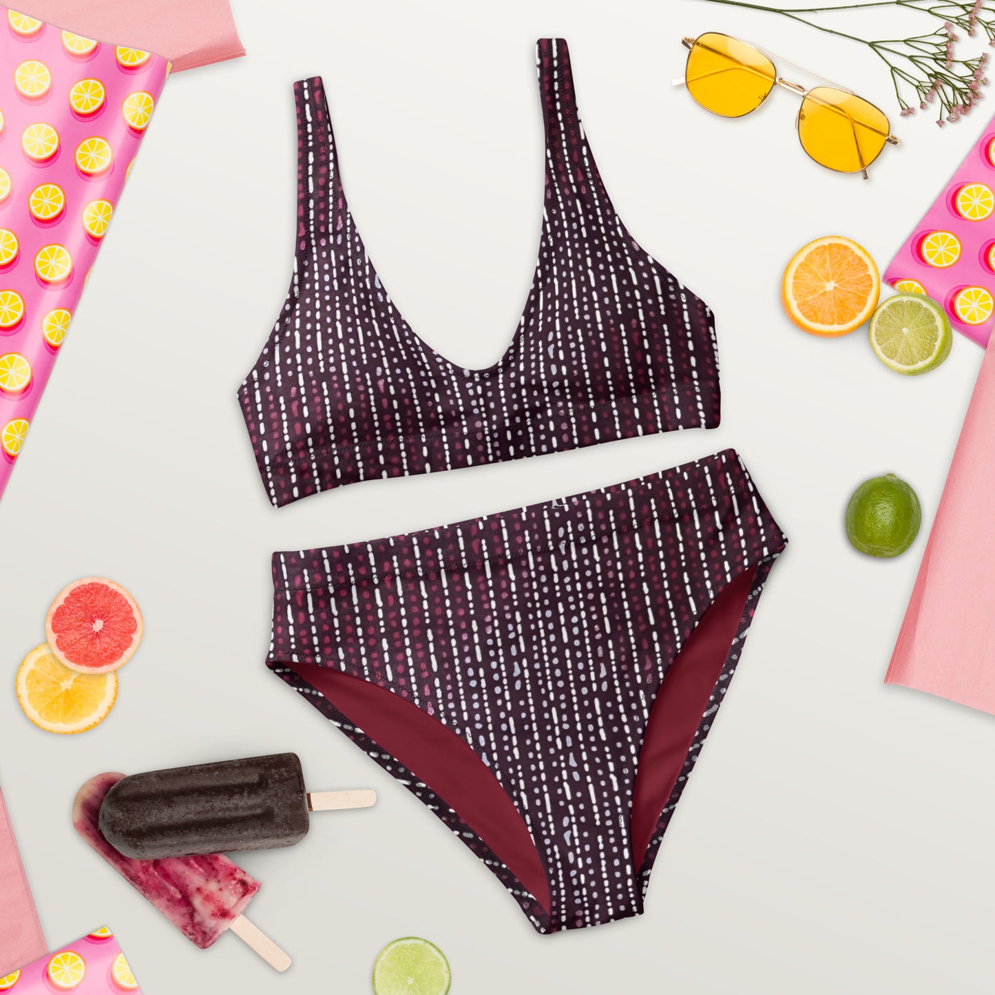 Burgundy Stripe High-Waisted Bikini