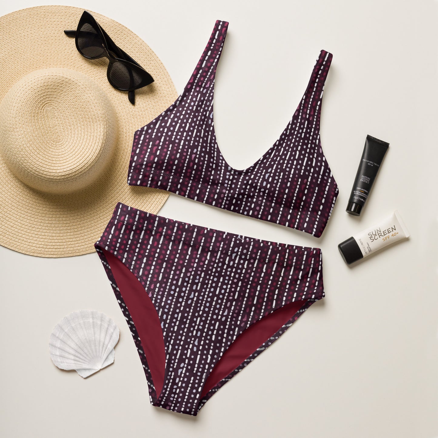 Burgundy Stripe High-Waisted Bikini