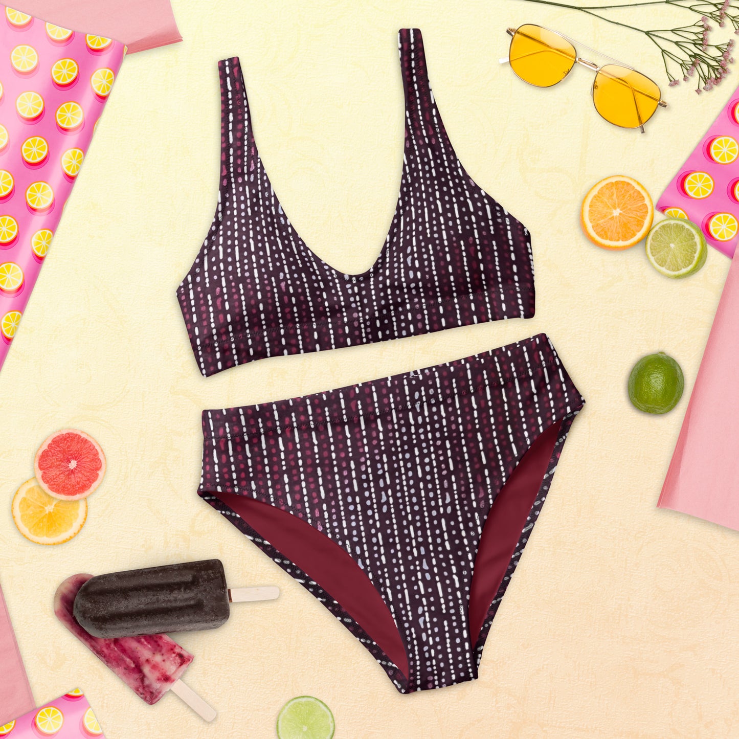 Burgundy Stripe High-Waisted Bikini