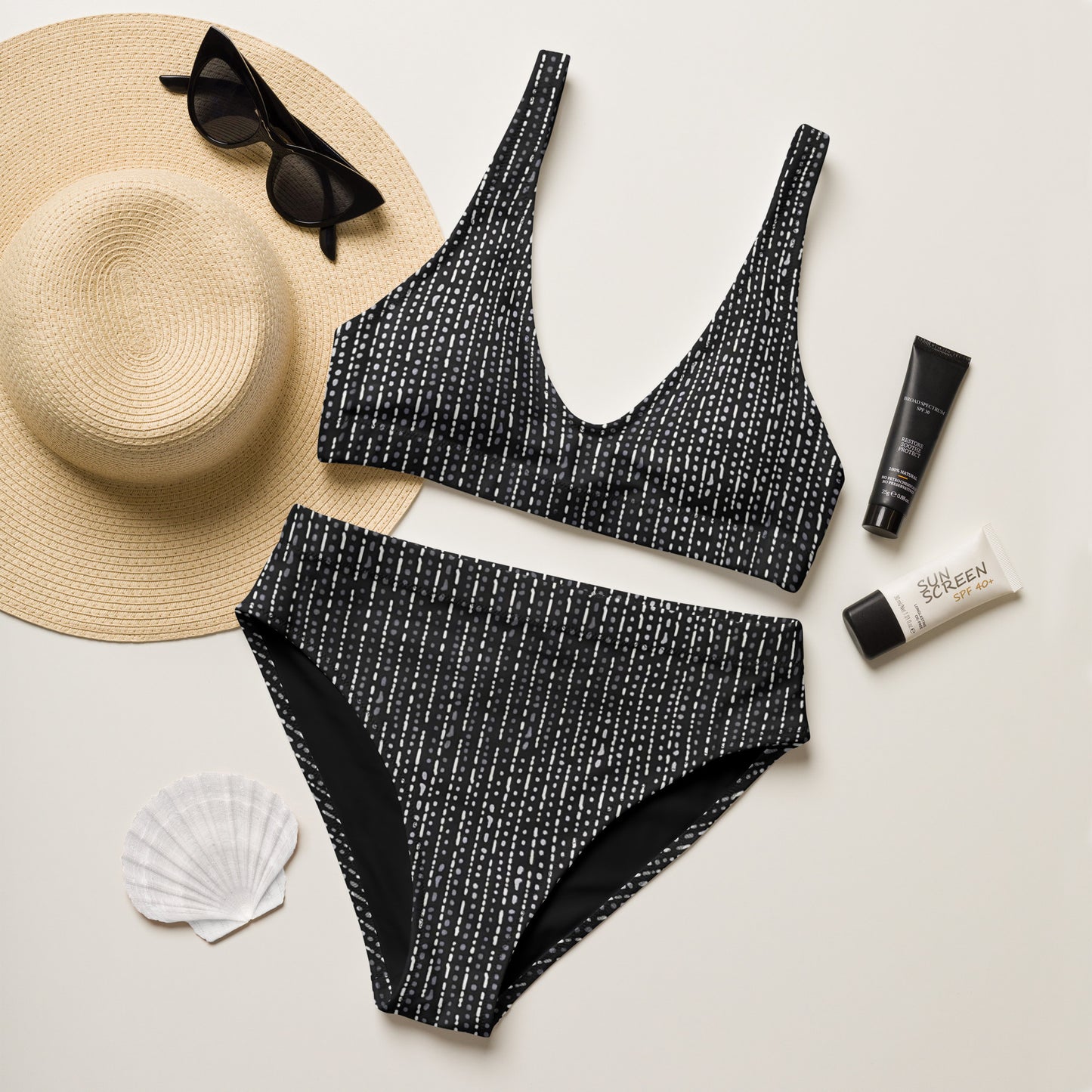 Grey Stripe High-Waisted Bikini