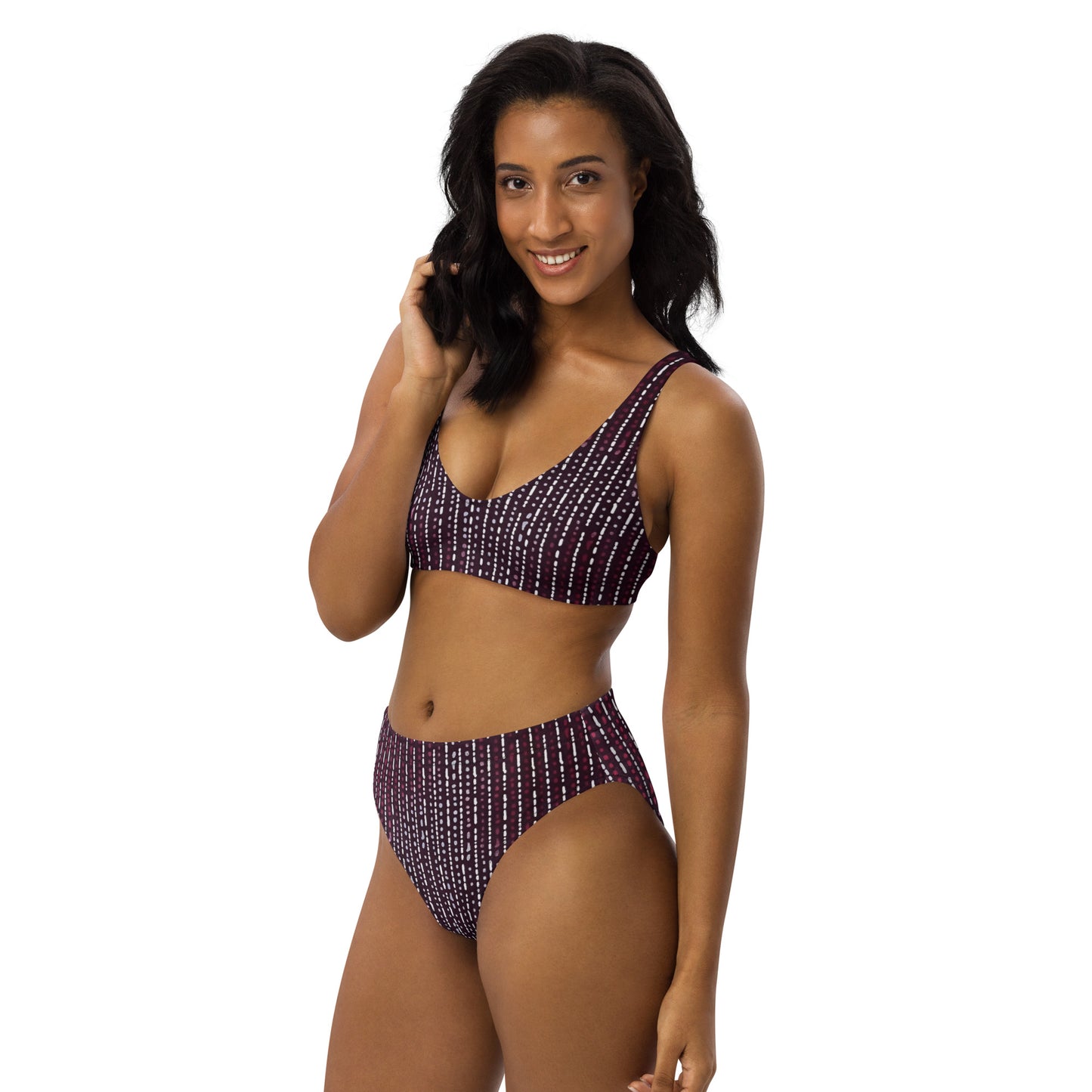 Burgundy Stripe High-Waisted Bikini