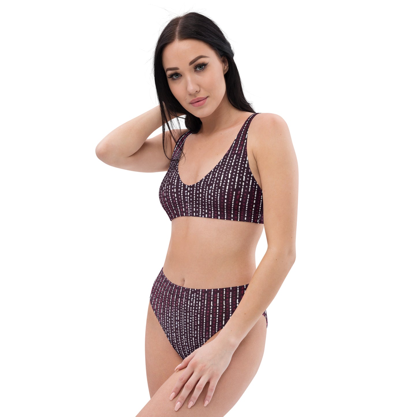 Burgundy Stripe High-Waisted Bikini