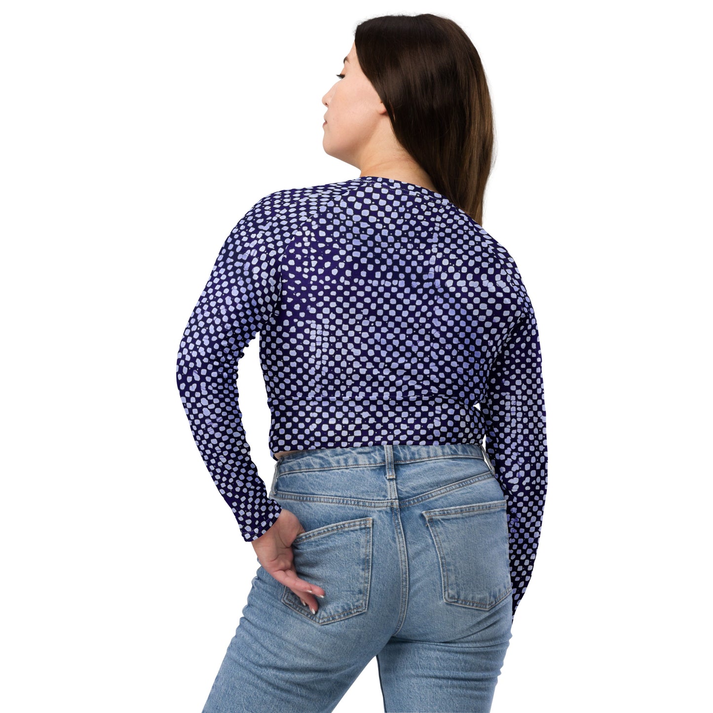 Purple & White Dots Long-Sleeve Crop Top