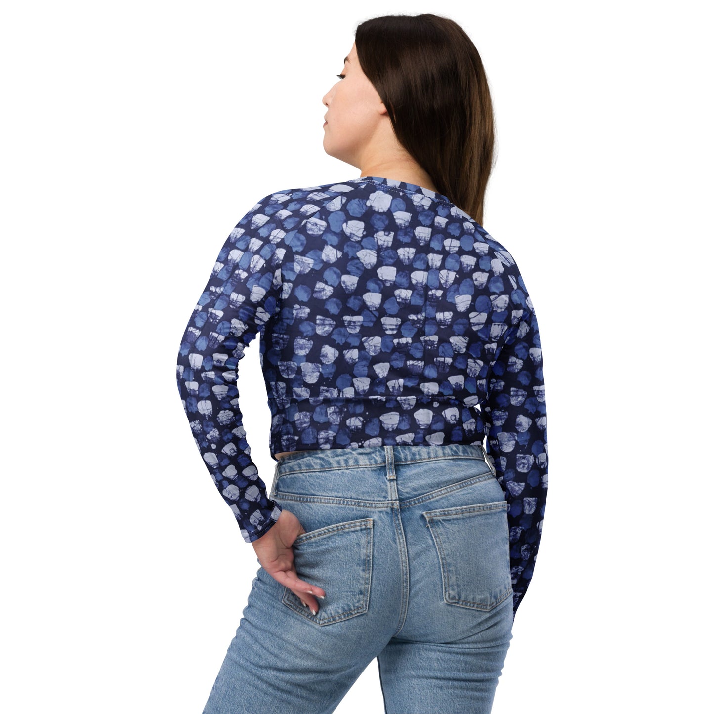 Blue Dotted Long-Sleeve Crop Top