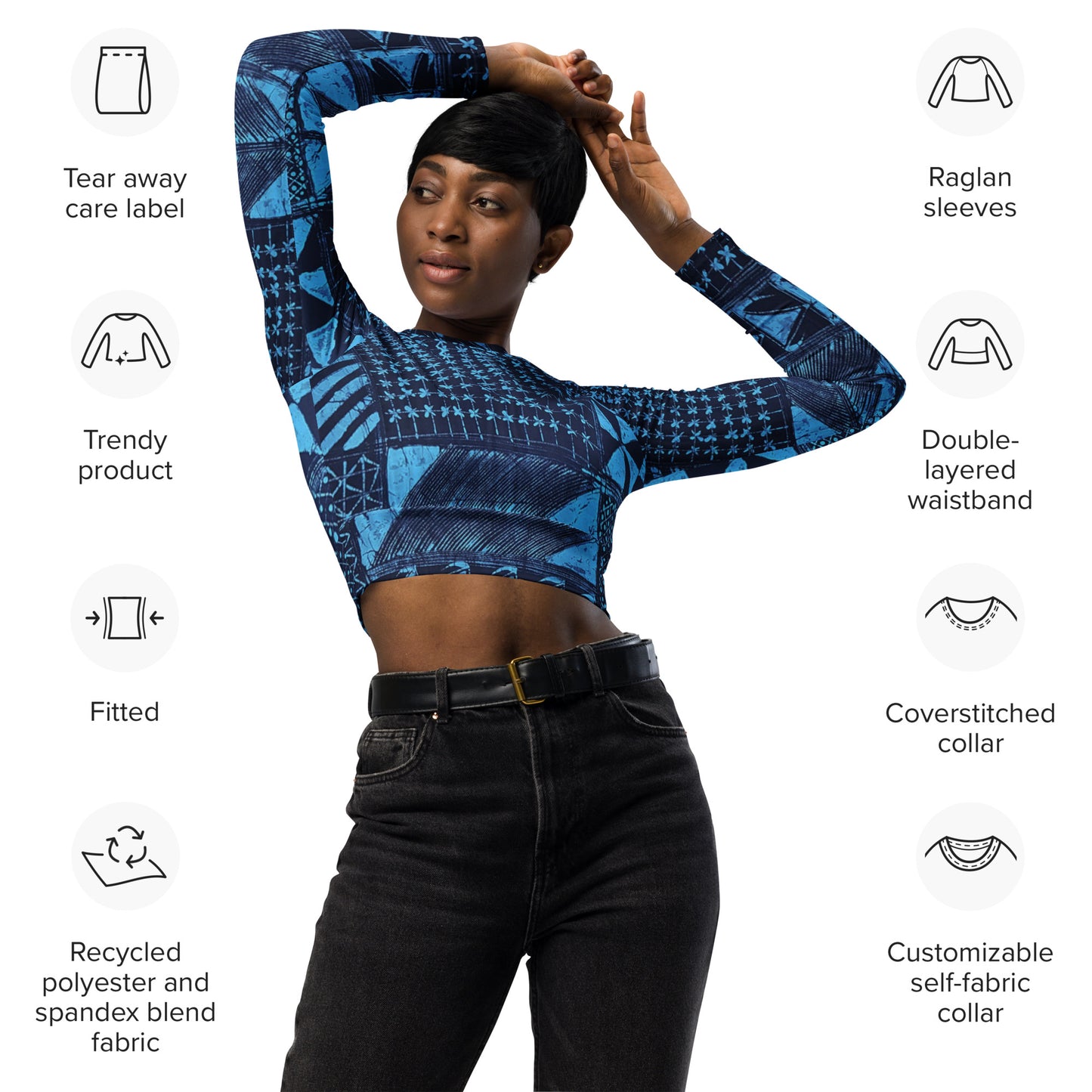 Black And Turquoise Shapes Adire Long-Sleeve Crop Top