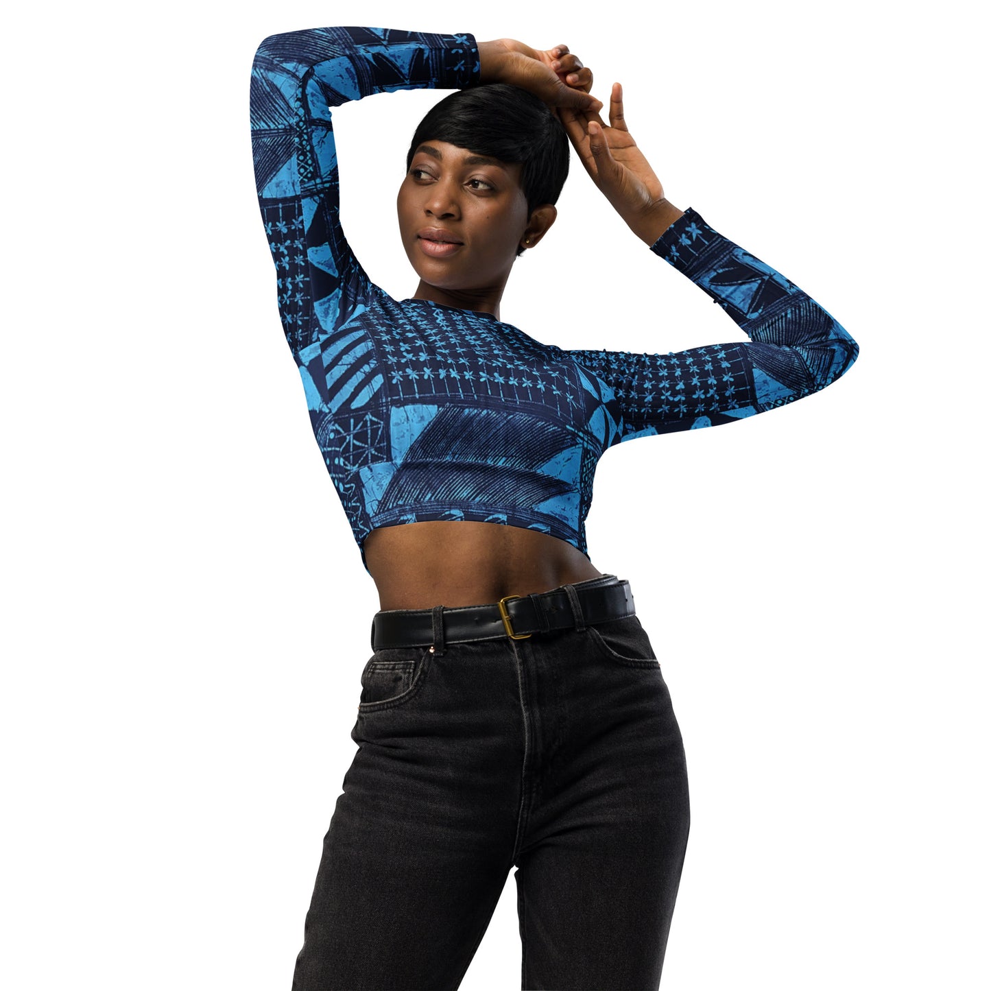 Black And Turquoise Shapes Adire Long-Sleeve Crop Top