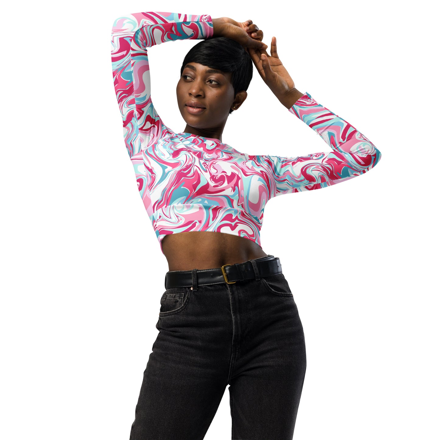 Pink Marble Long Sleeve Crop Top