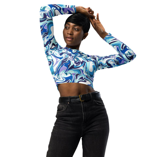 Blue Marble Long Sleeve Crop Top