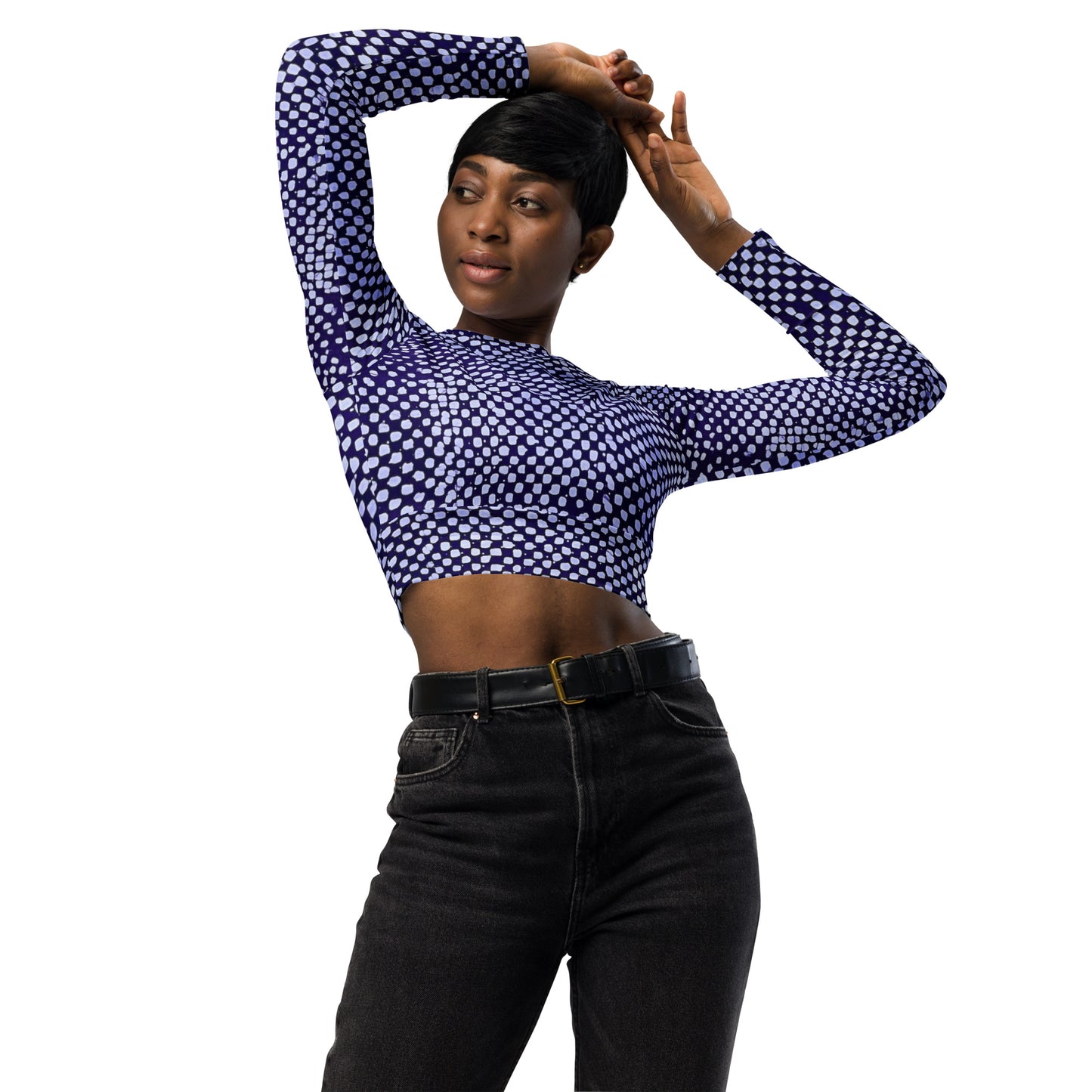 Purple & White Dots Long-Sleeve Crop Top