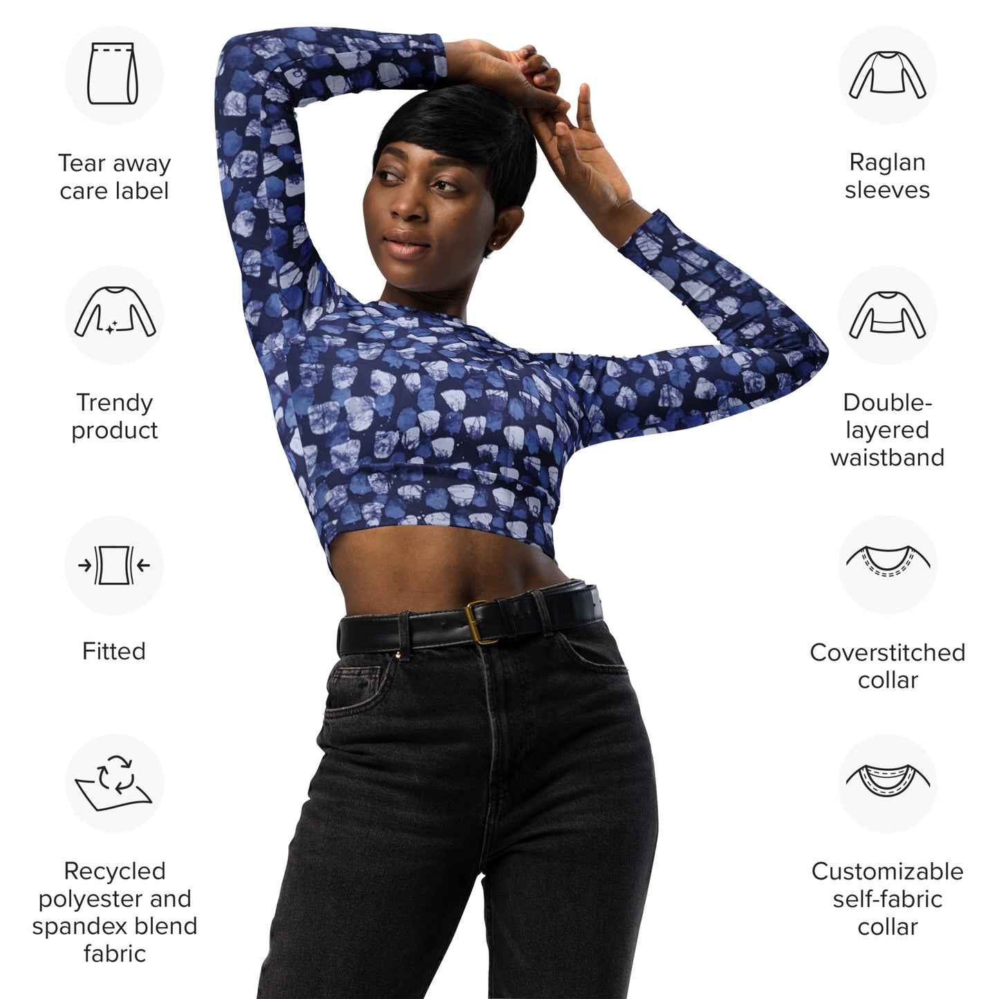 Blue Dotted Long-Sleeve Crop Top