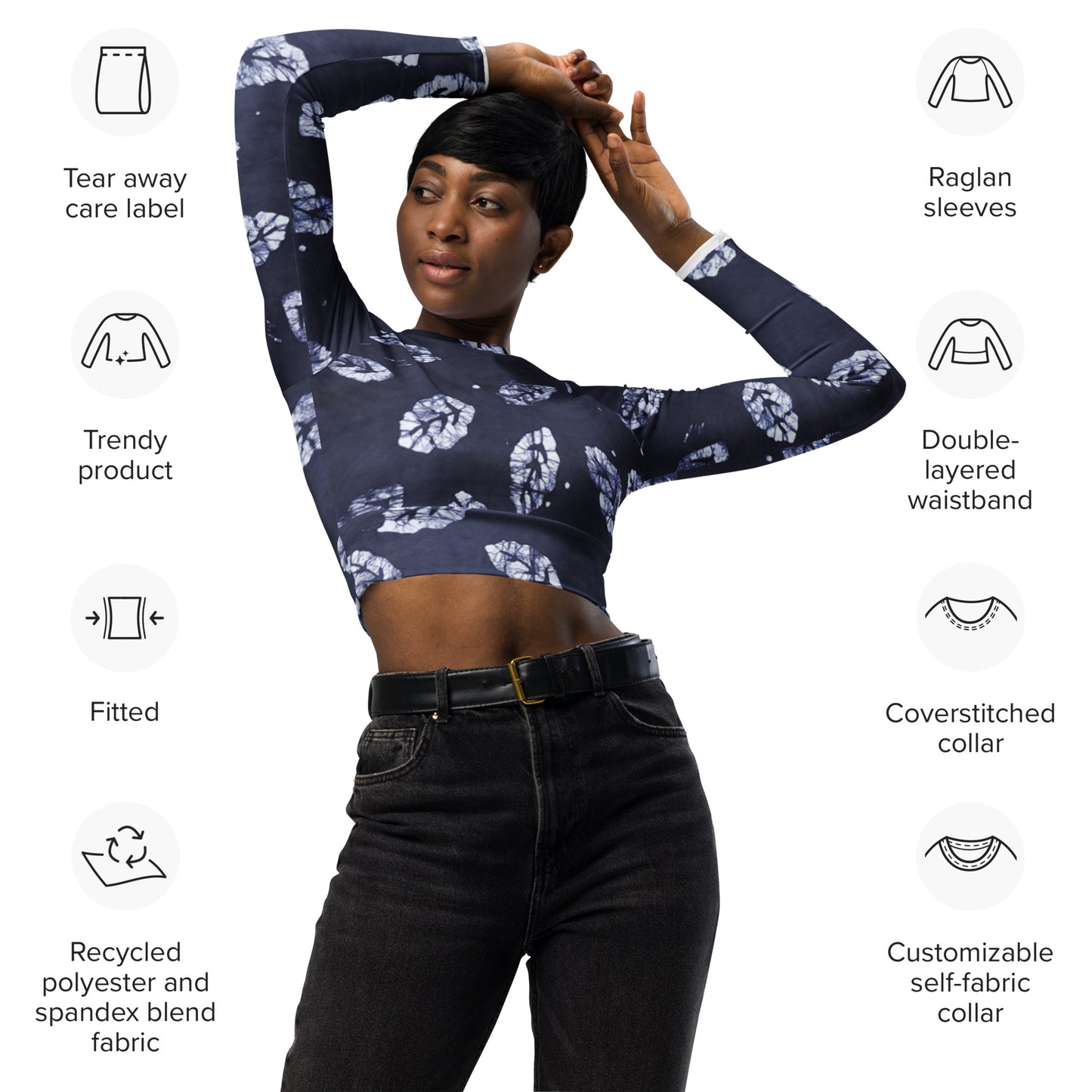 Indigo Leaf Long-Sleeve Crop Top