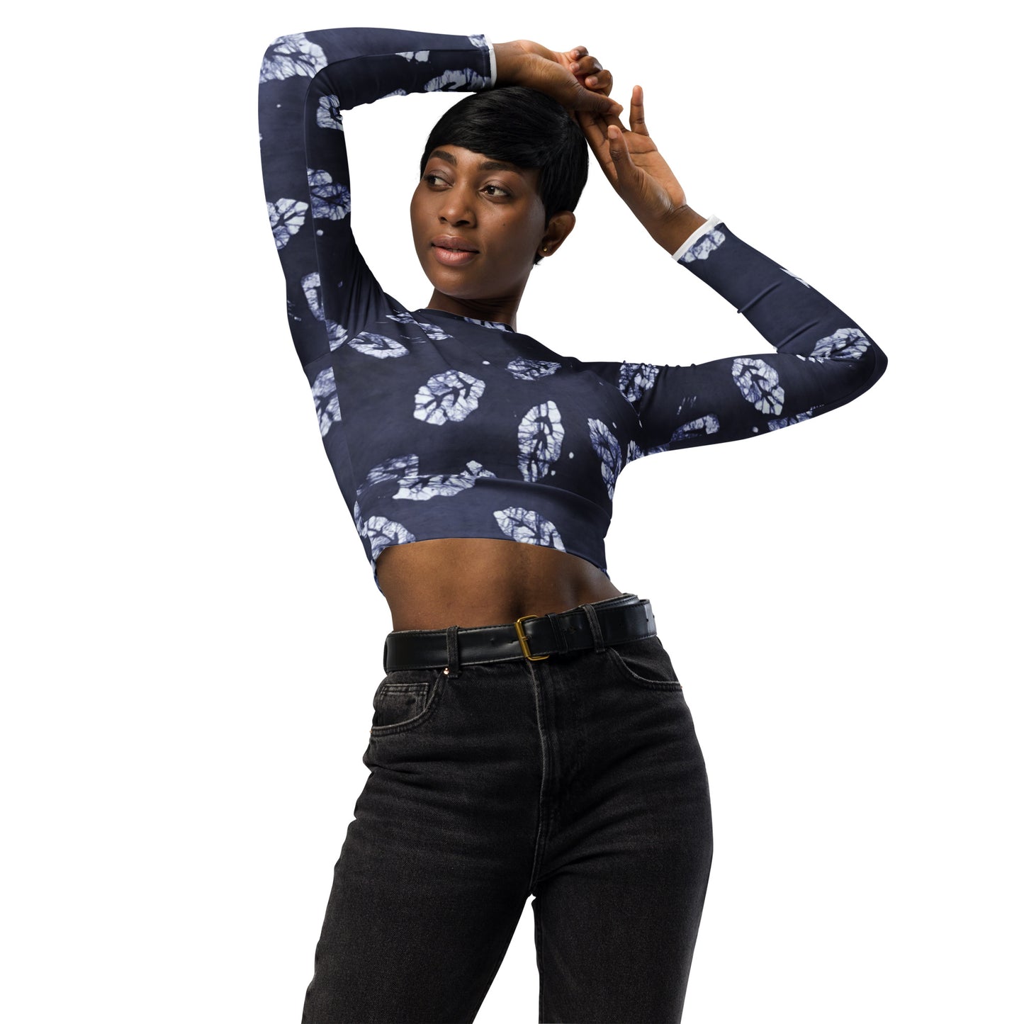 Indigo Leaf Long-Sleeve Crop Top