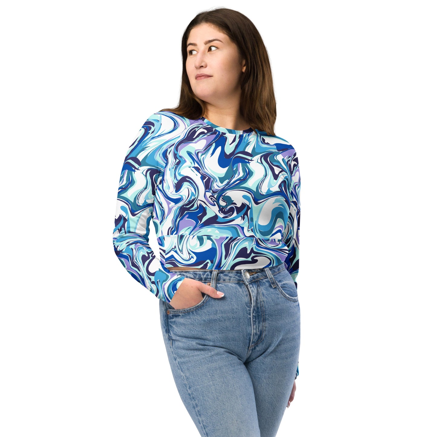 Blue Marble Long Sleeve Crop Top