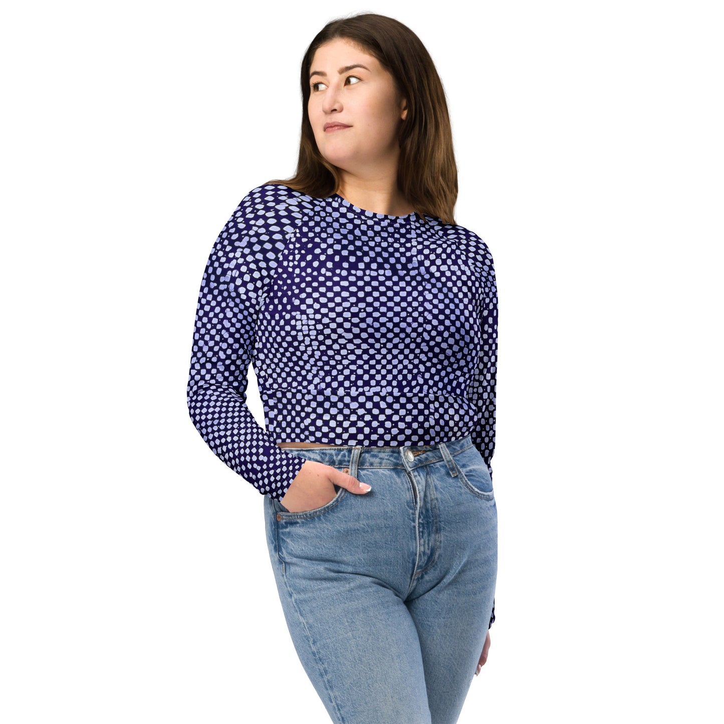 Purple & White Dots Long-Sleeve Crop Top