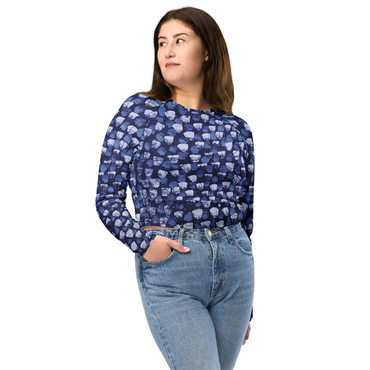 Blue Dotted Long-Sleeve Crop Top