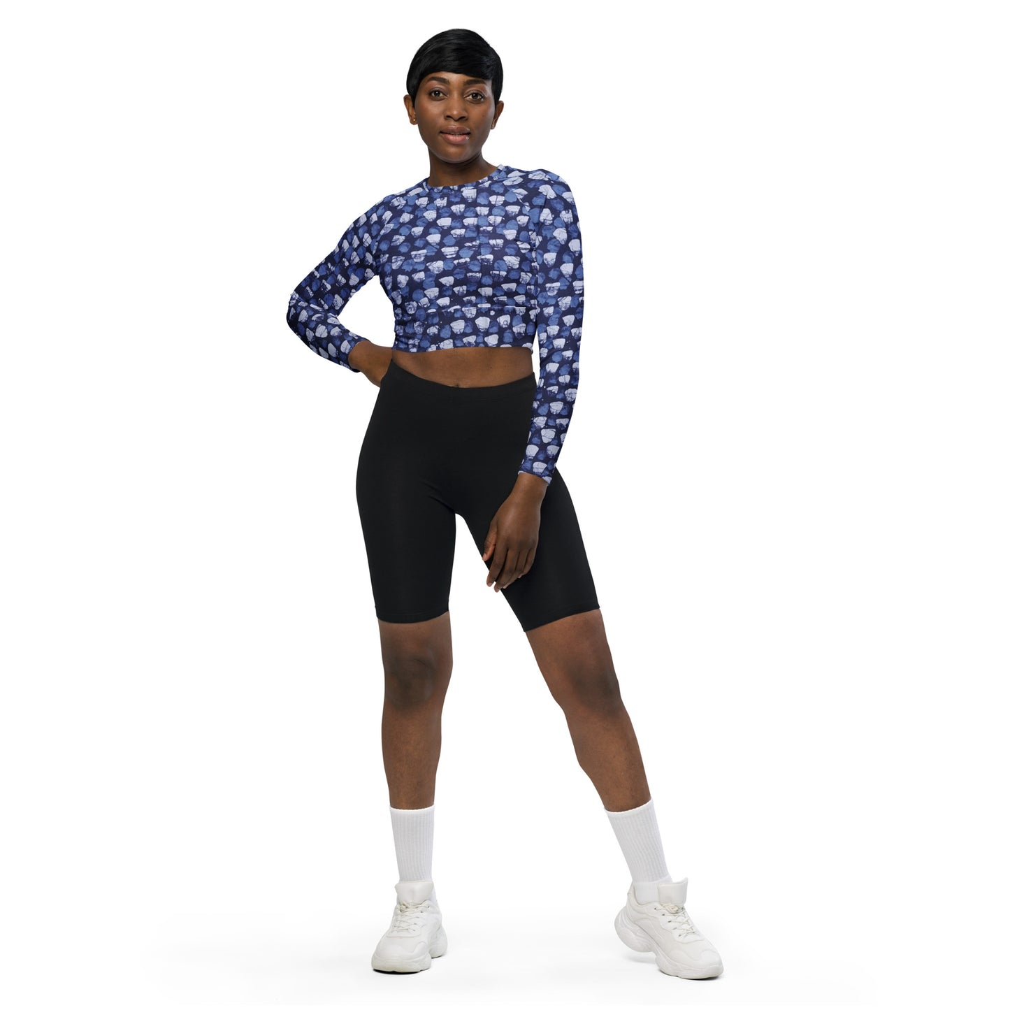 Blue Dotted Long-Sleeve Crop Top