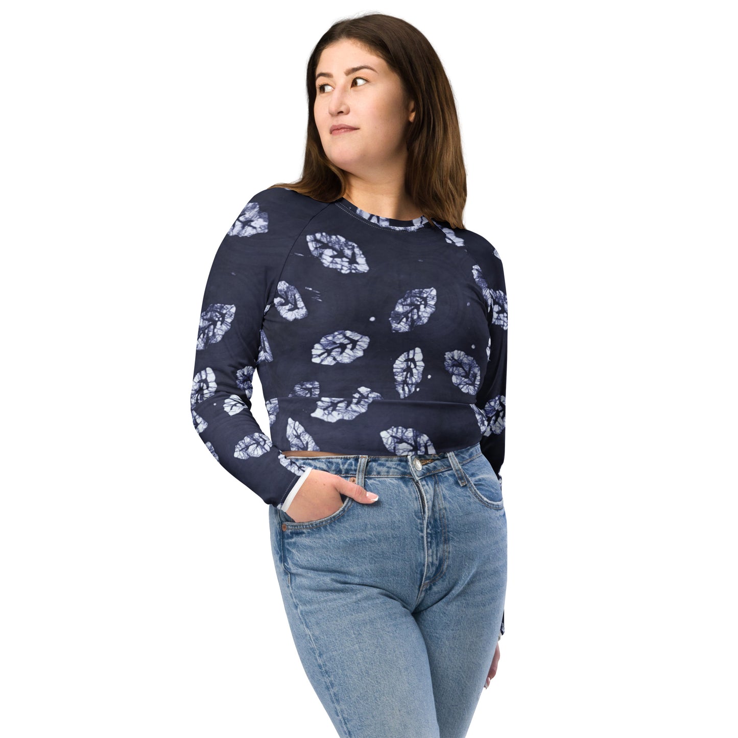 Indigo Leaf Long-Sleeve Crop Top