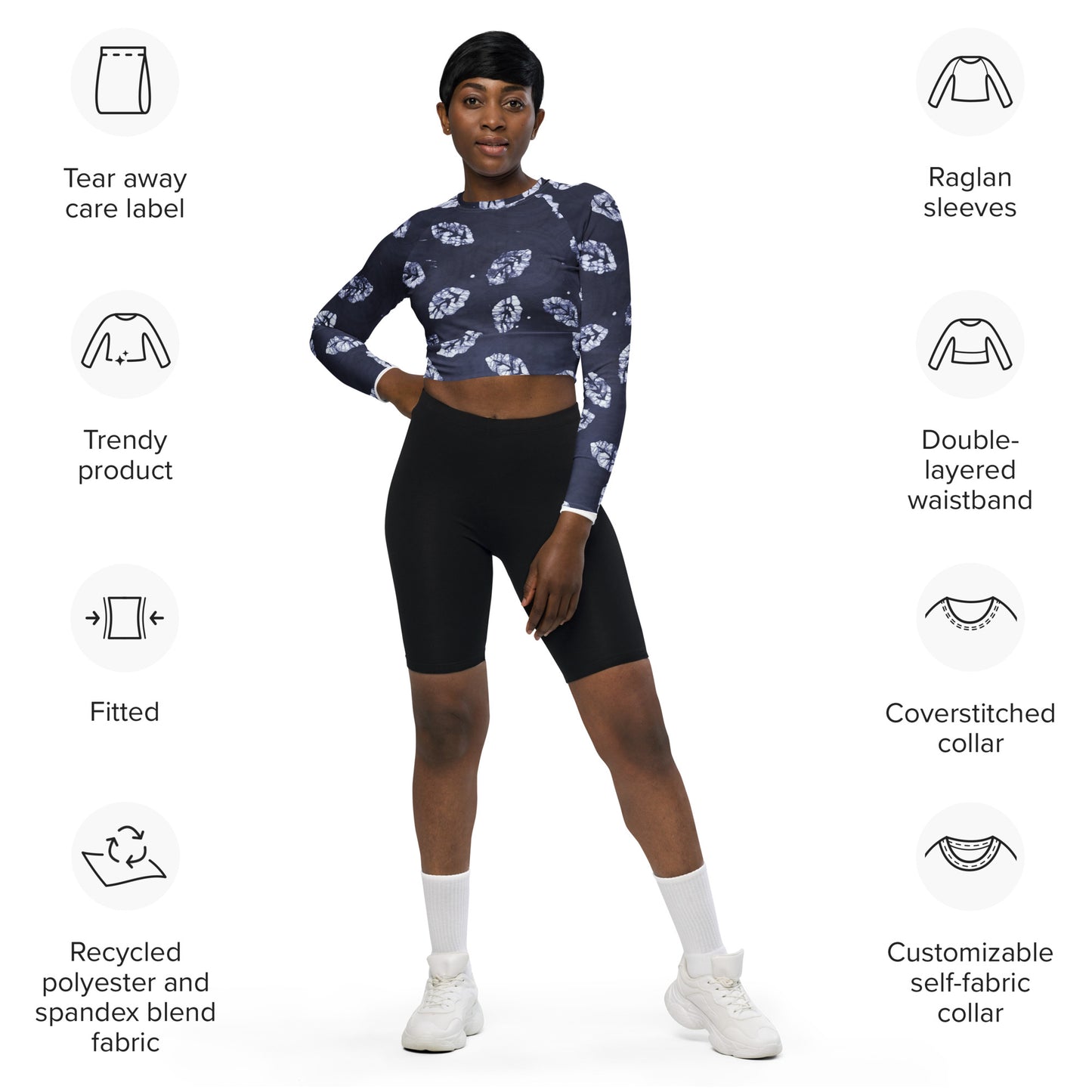 Indigo Leaf Long-Sleeve Crop Top