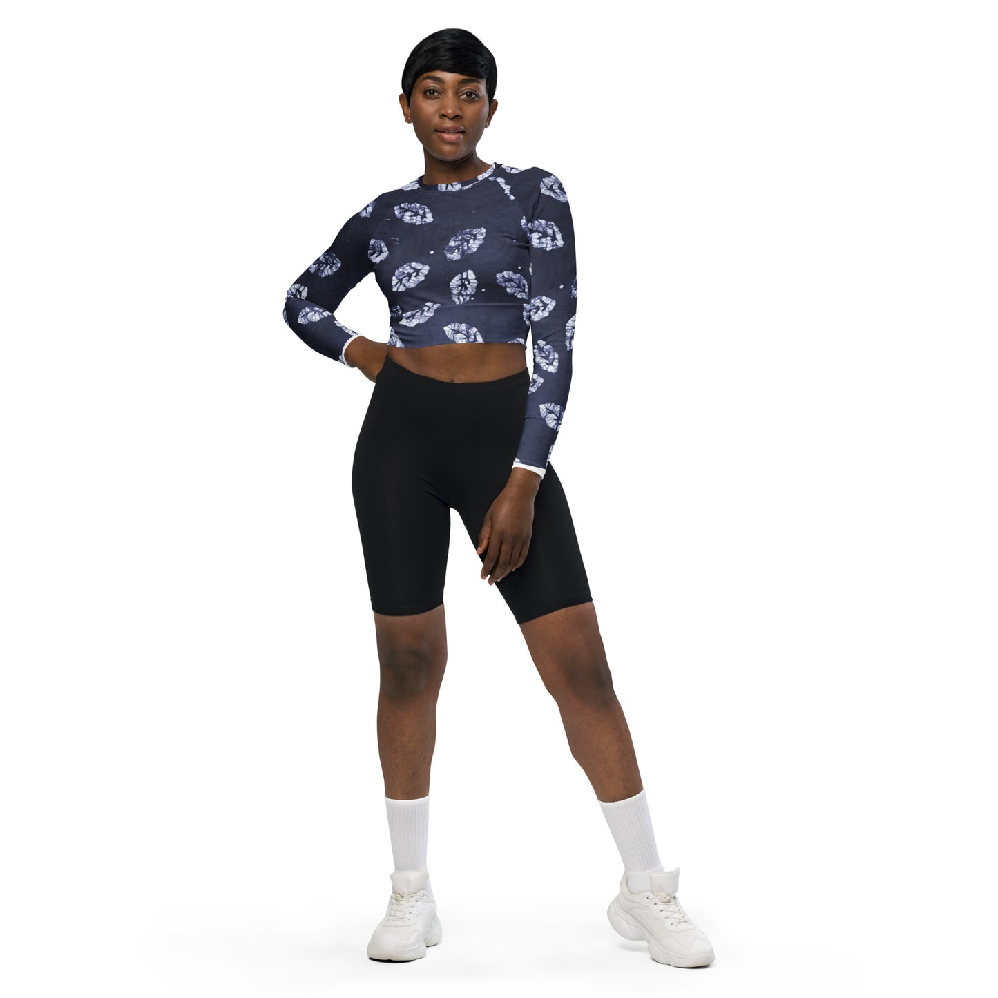 Indigo Leaf Long-Sleeve Crop Top