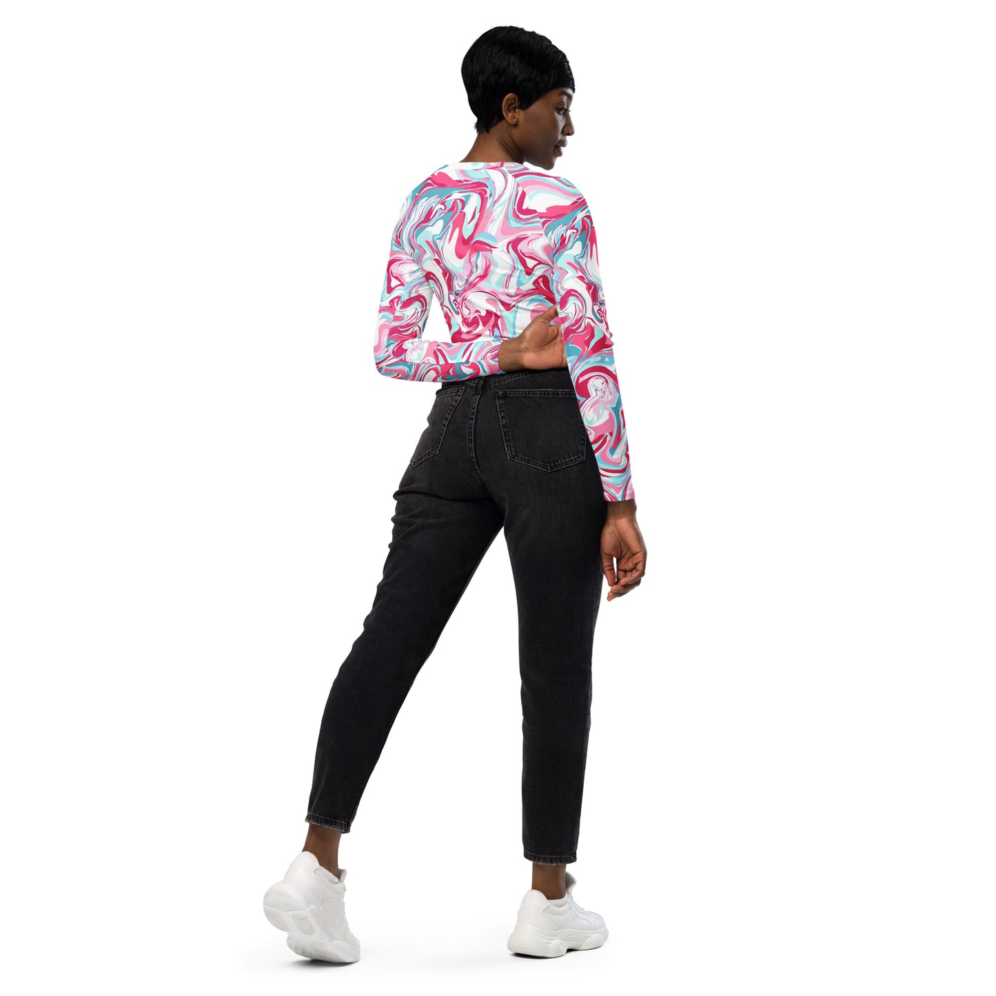 Pink Marble Long Sleeve Crop Top