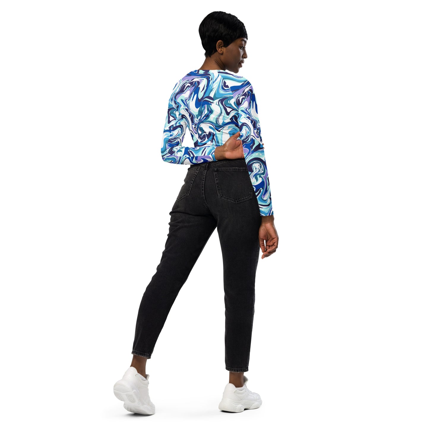 Blue Marble Long Sleeve Crop Top