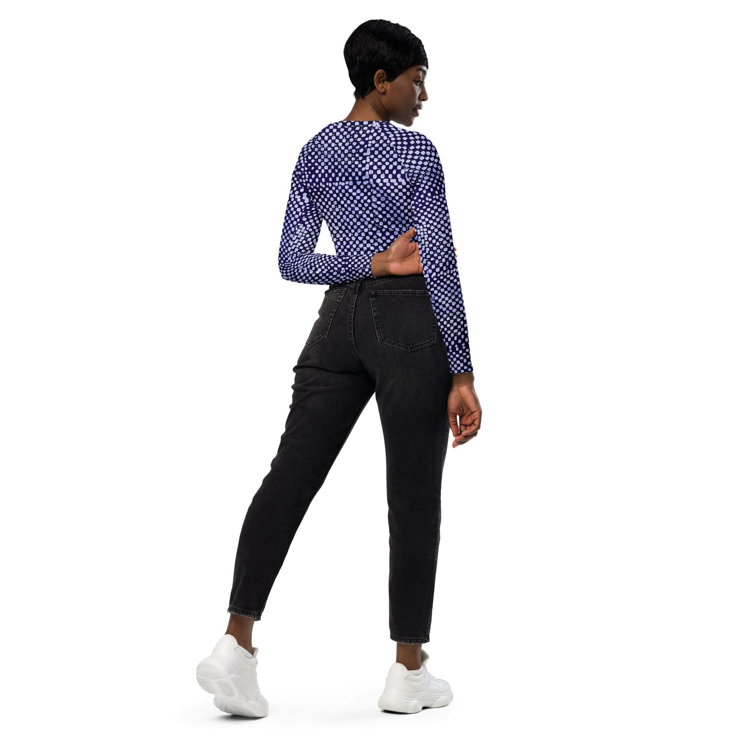 Purple & White Dots Long-Sleeve Crop Top