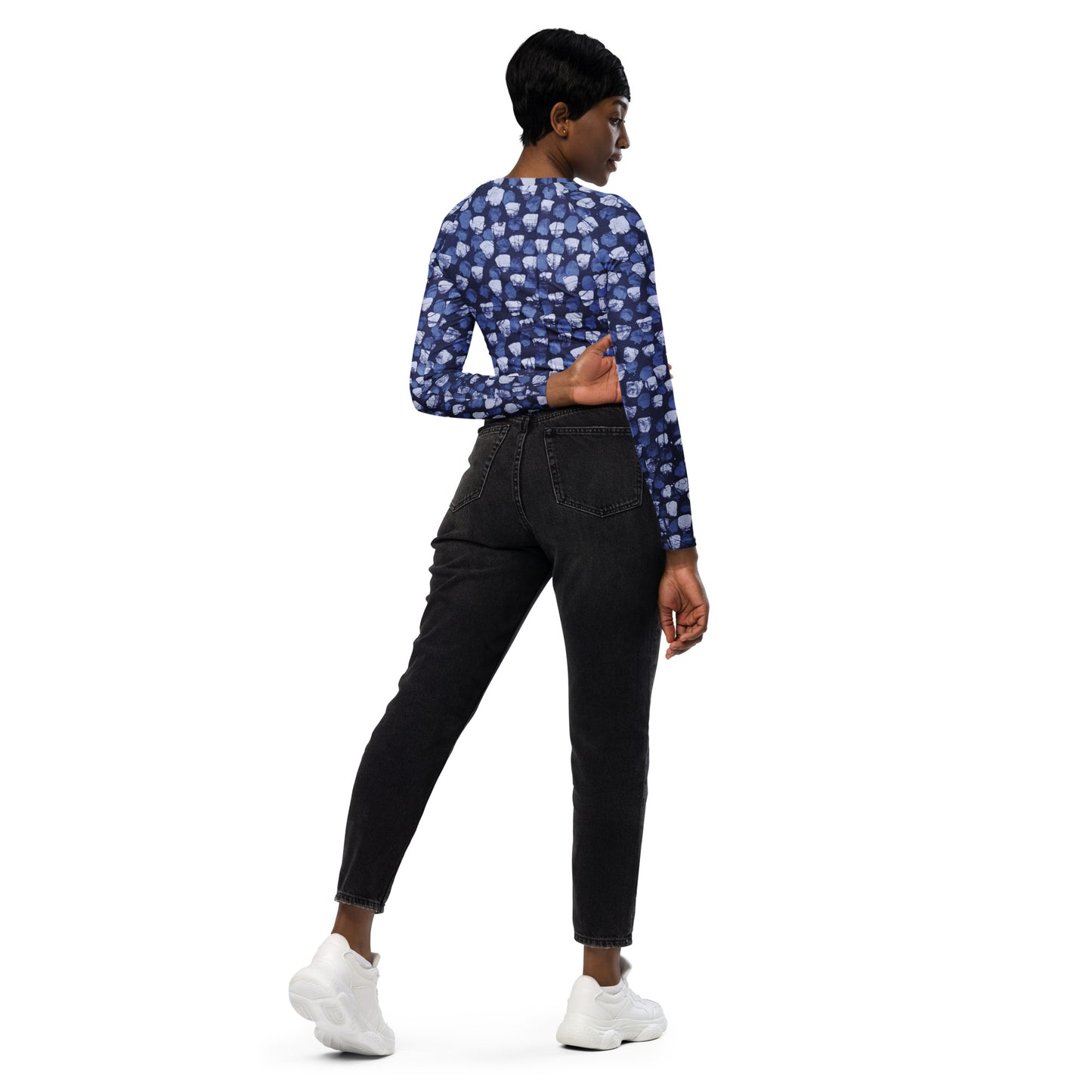 Blue Dotted Long-Sleeve Crop Top