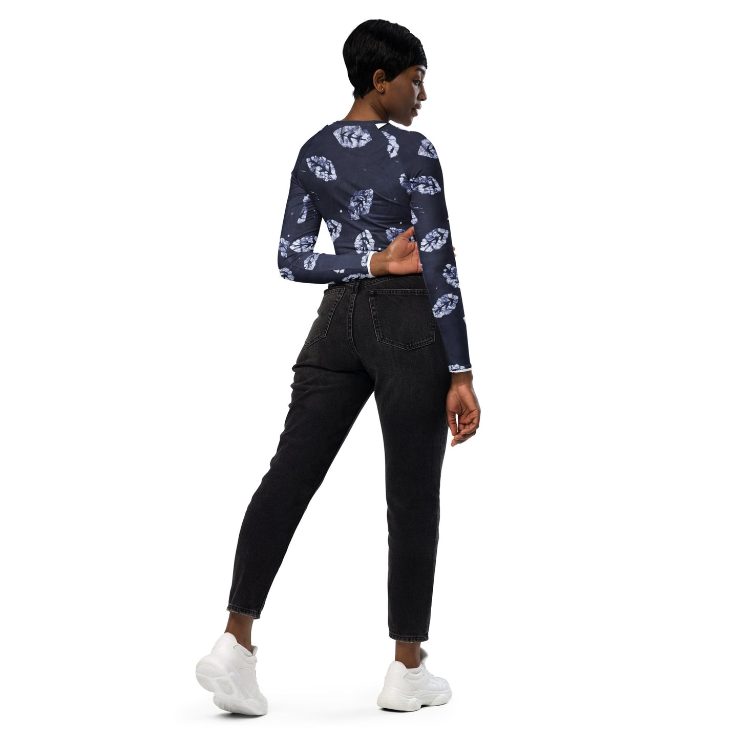 Indigo Leaf Long-Sleeve Crop Top