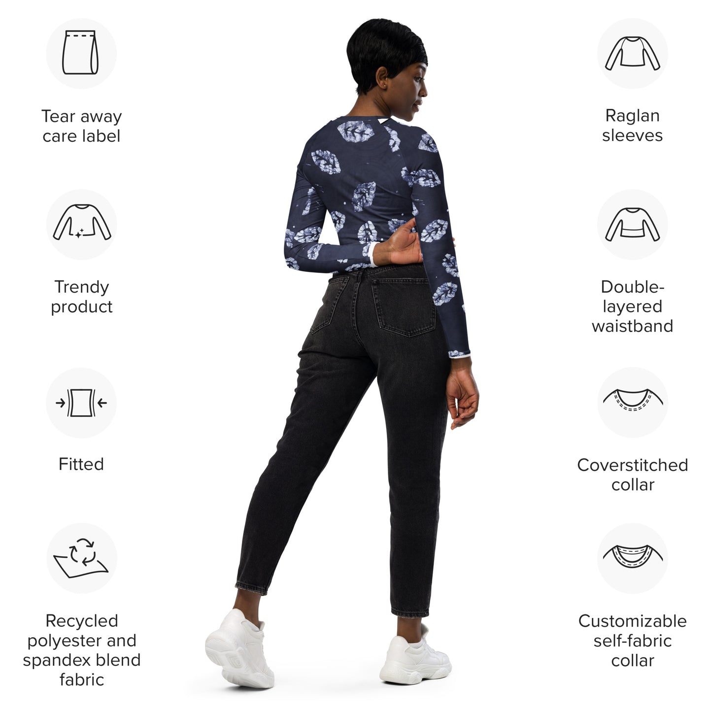 Indigo Leaf Long-Sleeve Crop Top